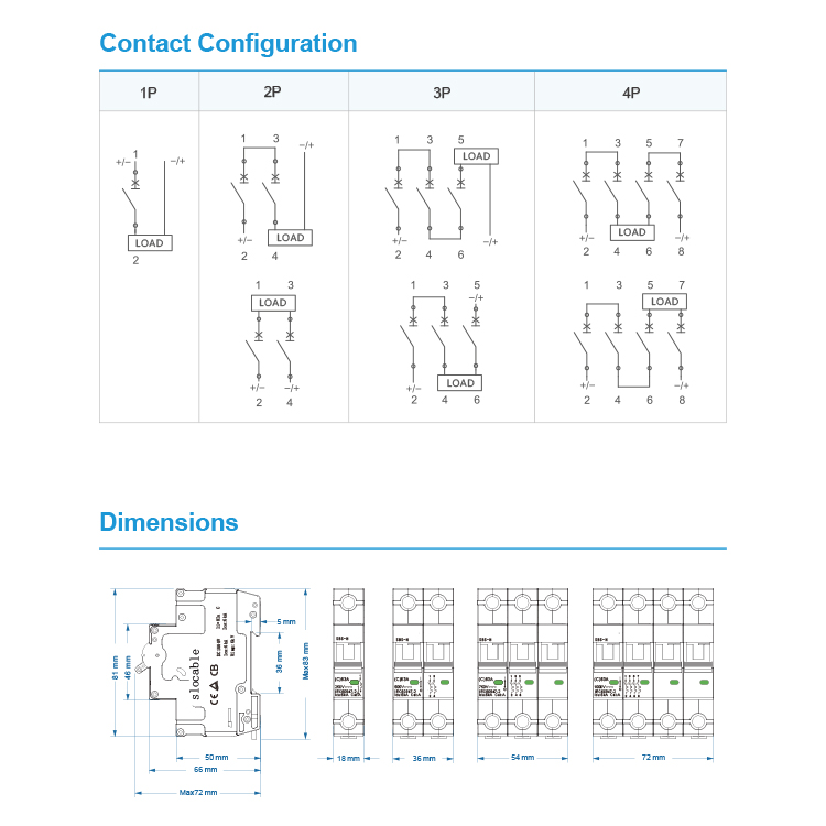 contact configuration and dimension of DC circuit breaker